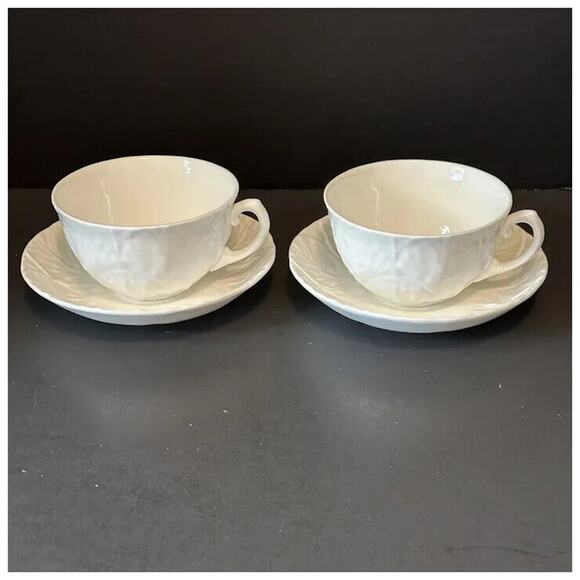 WEDGWOOD Countryware Flat Cup &Saucer Set of 2 All White Embossed Leaves No Trim - Picture 13 of 13